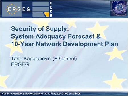 XVI European Electricity Regulatory Forum, Florence, 04-05 June 2009 Tahir Kapetanovic (E-Control) ERGEG Security of Supply: System Adequacy Forecast &