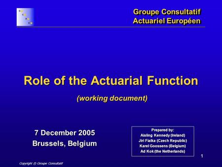 Copyright ⓒ Groupe Consultatif 1 Role of the Actuarial Function Groupe Consultatif Actuariel Européen 7 December 2005 Brussels, Belgium (working document)