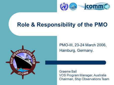 Graeme Ball VOS Program Manager, Australia Chairman, Ship Observations Team PMO-III, 23-24 March 2006, Hamburg, Germany. Role & Responsibility of the PMO.