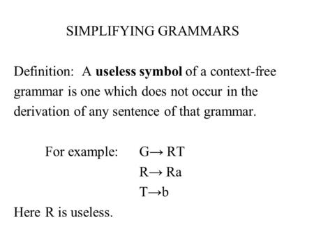 SIMPLIFYING GRAMMARS Definition: A useless symbol of a context-free grammar is one which does not occur in the derivation of any sentence of that grammar.