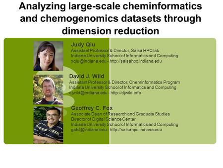 Analyzing large-scale cheminformatics and chemogenomics datasets through dimension reduction David J. Wild Assistant Professor & Director, Cheminformatics.