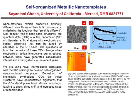 Self-organized Metallic Nanotemplates Sayantani Ghosh, University of California – Merced, DMR 0821771 Nano-materials exhibit properties distinctly different.