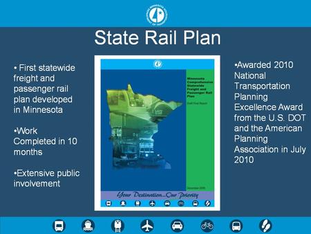 First Statewide Comprehensive Rail Plan for MN Commissioned by 2008 Legislature Compliant with 2008 PRIIA Federal Rules 6 Months to prepare, 10 Months.