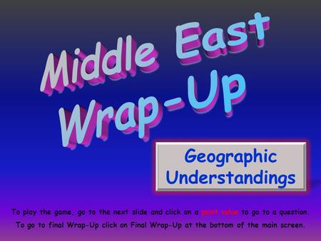 Geographic Understandings To play the game, go to the next slide and click on a point value to go to a question. To go to final Wrap-Up click on Final.
