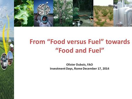 From “Food versus Fuel” towards “Food and Fuel” Olivier Dubois, FAO Investment Days, Rome December 17, 2014.
