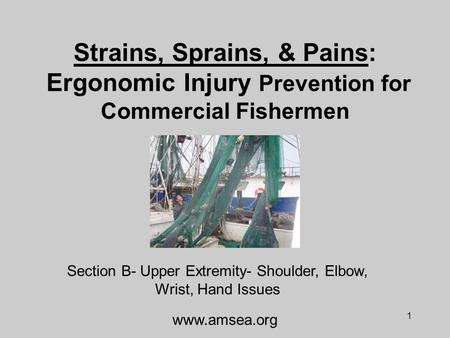1 Strains, Sprains, & Pains: Ergonomic Injury Prevention for Commercial Fishermen Section B- Upper Extremity- Shoulder, Elbow, Wrist, Hand Issues www.amsea.org.