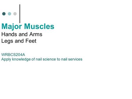 Major Muscles Hands and Arms Legs and Feet WRBCS204A Apply knowledge of nail science to nail services.