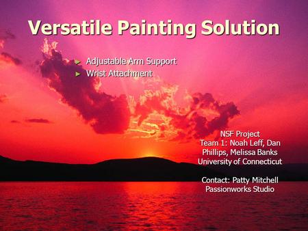 Versatile Painting Solution ► Adjustable Arm Support ► Wrist Attachment NSF Project Team 1: Noah Leff, Dan Phillips, Melissa Banks University of Connecticut.