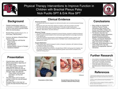 Www.postersession.com Physical Therapy Interventions to Improve Function in Children with Brachial Plexus Palsy Nick Pucillo SPT & Erik Rice SPT Background.