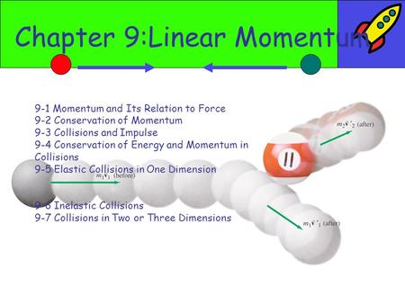 Chapter 9:Linear Momentum 9-1 Momentum and Its Relation to Force 9-2 Conservation of Momentum 9-3 Collisions and Impulse 9-4 Conservation of Energy and.