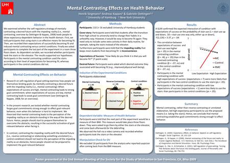Mental Contrasting Effects on Health Behavior Henrik Singmann 1, Andreas Kappes 1 & Gabriele Oettingen 1,2 1 University of Hamburg 2 New York University.