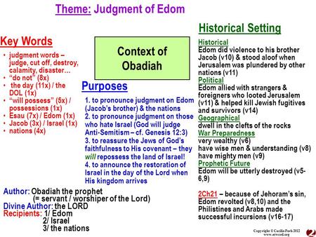 Copyright © Cecilia Perh 2012 www.etword.org Theme: Judgment of Edom Context of Obadiah Historical Setting Key Words Purposes Author: Obadiah the prophet.