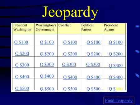 Jeopardy Q $100 Q $200 Q $300 Q $400 Q $500 Q $100 Q $200 Q $300 Q $400 Q $500 Q $Q $600 Final Jeopardy.