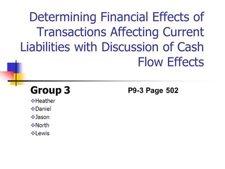 Determining Financial Effects of Transactions Affecting Current Liabilities with Discussion of Cash Flow Effects Group 3  Heather  Daniel  Jason  North.