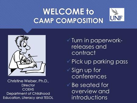 WELCOME to CAMP COMPOSITION Turn in paperwork- releases and contract Pick up parking pass Sign up for conferences Be seated for overview and introductions.