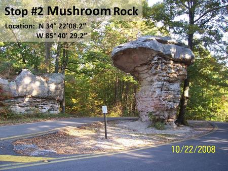 Stop #2 Mushroom Rock Location: N 34 ° 22’08.2” W 85° 40’ 29.2”