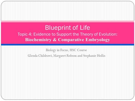 Blueprint of Life Topic 4: Evidence to Support the Theory of Evolution: Biochemistry & Comparative Embryology Biology in Focus, HSC Course Glenda Childrawi,