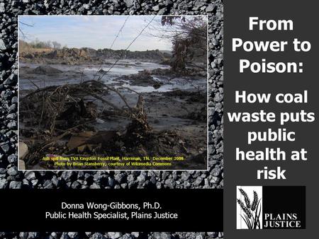 From Power to Poison: How coal waste puts public health at risk Donna Wong-Gibbons, Ph.D. Public Health Specialist, Plains Justice Ash spill from TVA Kingston.