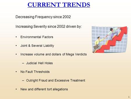 1 CURRENT TRENDS Decreasing Frequency since 2002 Increasing Severity since 2002 driven by: Environmental Factors Joint & Several Liability Increase volume.