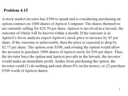 Problem 4.15 A stock market investor has $500 to spend and is considering purchasing an option contract on 1000 shares of Apricot Computer. The shares.