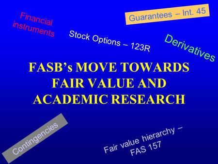 1 FASB’s MOVE TOWARDS FAIR VALUE AND ACADEMIC RESEARCH Derivatives Contingencies Financial instruments Stock Options – 123R Guarantees – Int. 45 Fair value.