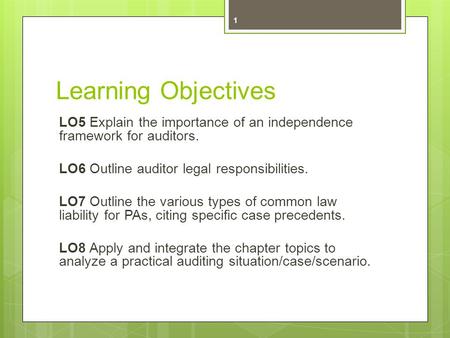 Learning Objectives LO5 Explain the importance of an independence framework for auditors. LO6 Outline auditor legal responsibilities. LO7 Outline the various.