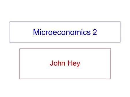 Microeconomics 2 John Hey. Intertemporal Choice Chapter 20 – the budget constraint, intertemporal preferences in general and choice in general Chapter.