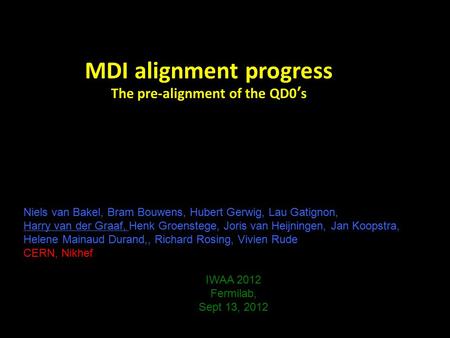 MDI alignment progress The pre-alignment of the QD0’s Niels van Bakel, Bram Bouwens, Hubert Gerwig, Lau Gatignon, Harry van der Graaf, Henk Groenstege,