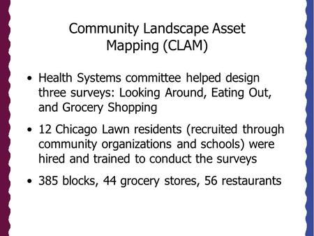 Community Landscape Asset Mapping (CLAM) Health Systems committee helped design three surveys: Looking Around, Eating Out, and Grocery Shopping 12 Chicago.