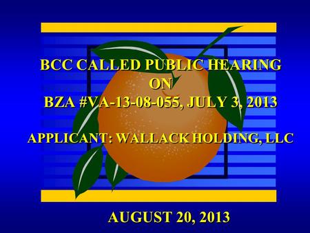AUGUST 20, 2013 BCC CALLED PUBLIC HEARING ON BZA #VA-13-08-055, JULY 3, 2013 APPLICANT: WALLACK HOLDING, LLC.
