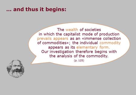 The wealth of societies in which the capitalist mode of production prevails appears as an «immense collection of commodities»; the individual commodity.