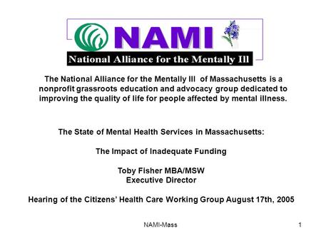 NAMI-Mass1 The National Alliance for the Mentally Ill of Massachusetts is a nonprofit grassroots education and advocacy group dedicated to improving the.