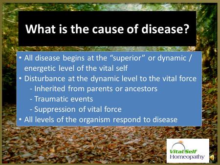 What is the cause of disease? All disease begins at the “superior” or dynamic / energetic level of the vital self Disturbance at the dynamic level to.