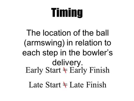 The location of the ball (armswing) in relation to each step in the bowler’s delivery. Timing Early Start = Early Finish Late Start = Late Finish.