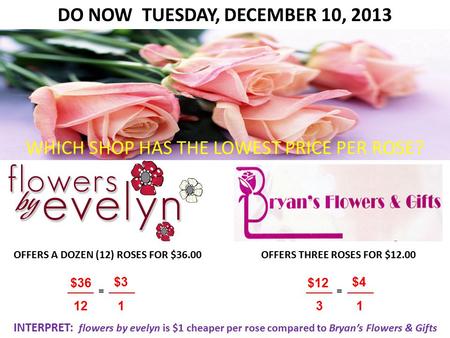 DO NOW TUESDAY, DECEMBER 10, 2013 OFFERS A DOZEN (12) ROSES FOR $36.00OFFERS THREE ROSES FOR $12.00 WHICH SHOP HAS THE LOWEST PRICE PER ROSE? $36 12 $3.