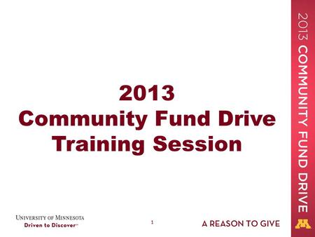 11 2013 Community Fund Drive Training Session. 22 Welcome! The Community Fund Drive is: A charitable-giving, workplace campaign Conducted every October.