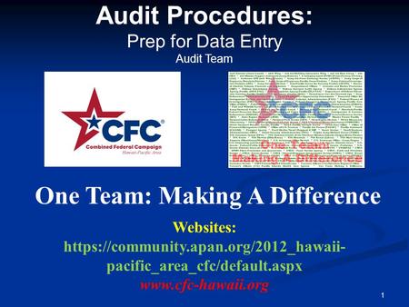 Audit Procedures: Prep for Data Entry Audit Team One Team: Making A Difference 1 Websites: https://community.apan.org/2012_hawaii- pacific_area_cfc/default.aspx.