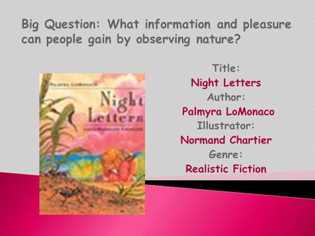 Title: Night Letters Author: Palmyra LoMonaco Illustrator: