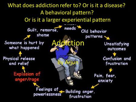 Addiction By Arjun What does addiction refer to? Or is it a disease? A behavioral pattern? Or is it a larger experiential pattern.