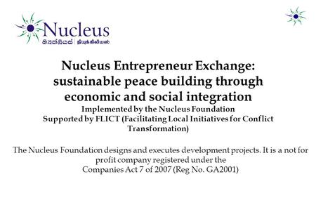 Nucleus Entrepreneur Exchange: sustainable peace building through economic and social integration Implemented by the Nucleus Foundation Supported by FLICT.