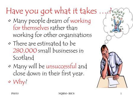 PM/03NQBM - BICS1 Have you got what it takes ….? Many people dream of working for themselves rather than working for other organisations There are estimated.