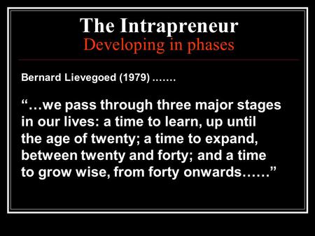 The Intrapreneur Developing in phases Bernard Lievegoed (1979).…… “…we pass through three major stages in our lives: a time to learn, up until the age.