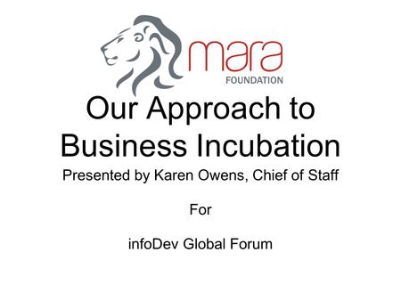 Our Approach to Business Incubation Presented by Karen Owens, Chief of Staff For infoDev Global Forum.