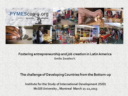 Fostering entrepreneurship and job creation in Latin America Emilio Zevallos V. The challenge of Developing Countries from the Bottom-up Institute for.