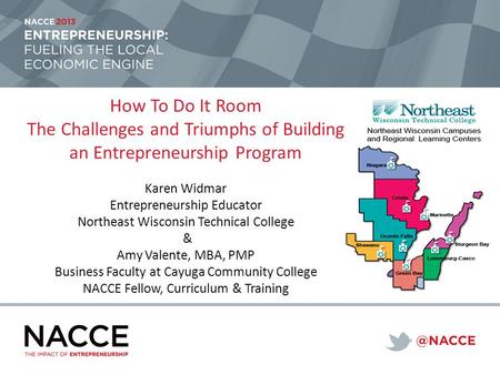 How To Do It Room The Challenges and Triumphs of Building an Entrepreneurship Program Karen Widmar Entrepreneurship Educator Northeast Wisconsin Technical.