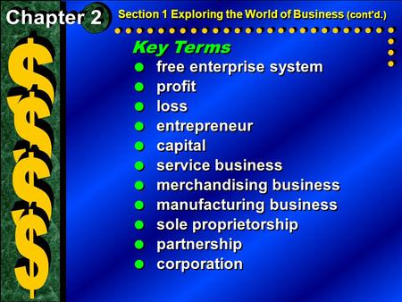 Section 1 Exploring the World of Business (cont'd.) Key Terms  free enterprise system  profit  loss  entrepreneur  capital  service business  merchandising.