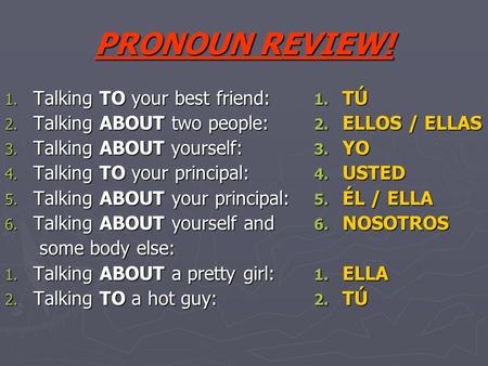 PRONOUN REVIEW! 1. Talking TO your best friend: 2. Talking ABOUT two people: 3. Talking ABOUT yourself: 4. Talking TO your principal: 5. Talking ABOUT.