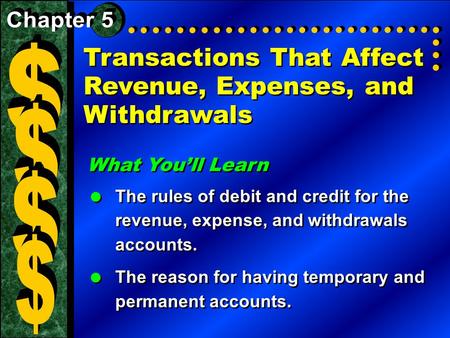 Transactions That Affect Revenue, Expenses, and Withdrawals What You’ll Learn  The rules of debit and credit for the revenue, expense, and withdrawals.