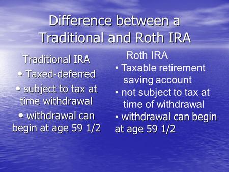 Difference between a Traditional and Roth IRA Traditional IRA Taxed-deferred Taxed-deferred subject to tax at time withdrawal subject to tax at time withdrawal.