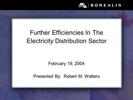 Further Efficiencies In The Electricity Distribution Sector February 19, 2004 Presented By: Robert M. Watters.
